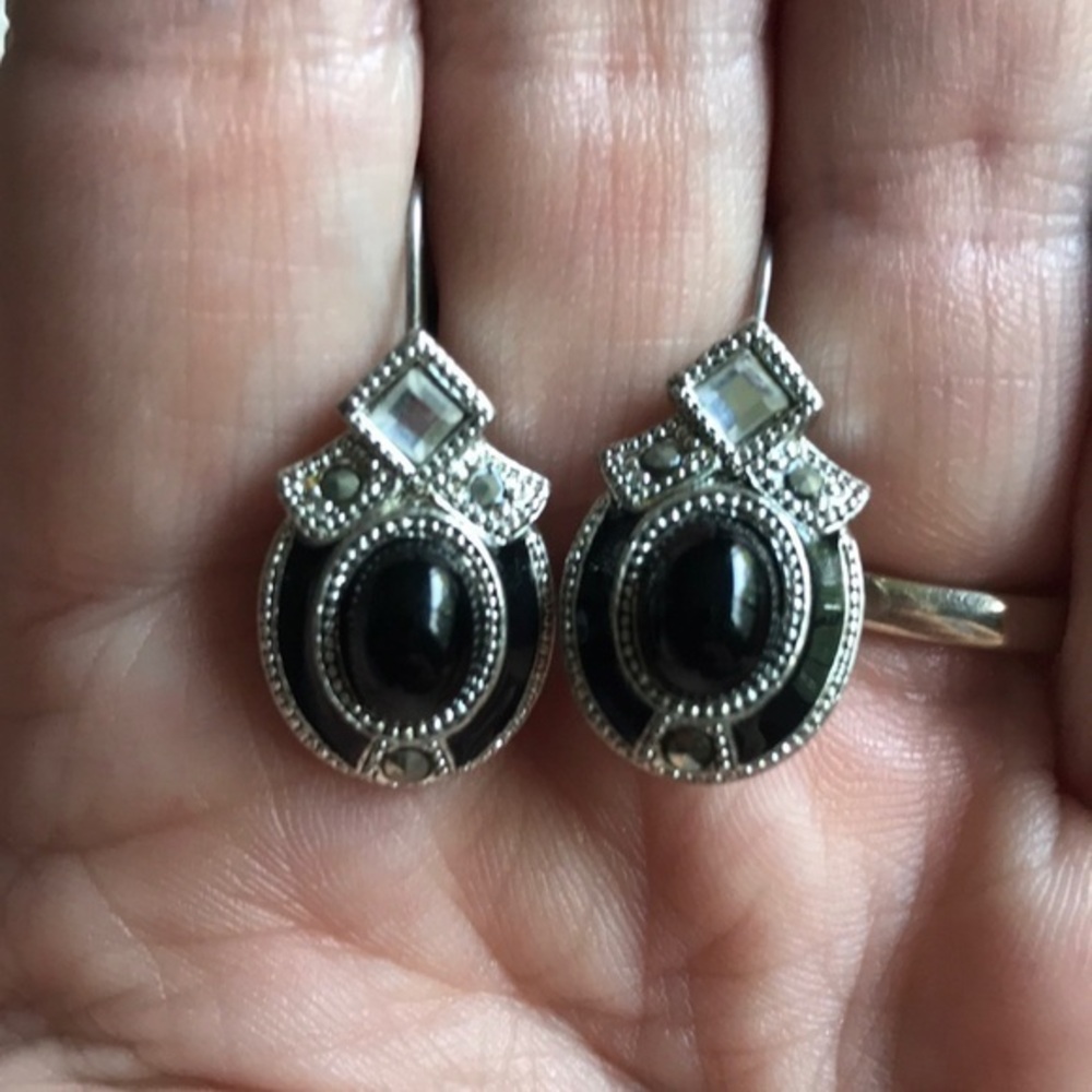 Silver sparkle with black enamel earrings